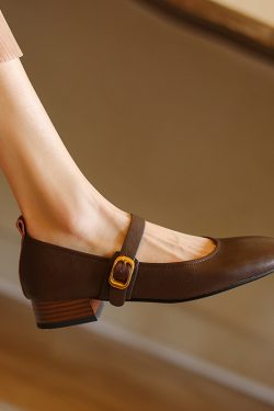 Elegant Women's Genuine Leather French Artistic Mid-Heel Round-Toe Mary Jane Flats - Stylish College Chic Footwear