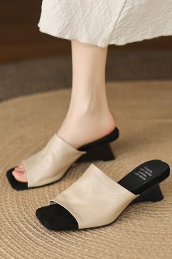 Elegant Women's Genuine Leather Square Toe Open-Toe Wedge Sandals - Summer 2025 One-Strap Cool Slippers, Chic Fashion Footwear
