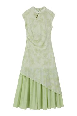 Elegant Women's Irregular Qipao Dress with Heavy Embroidery, National Style, Faux Two-Piece Design for a Sophisticated Look