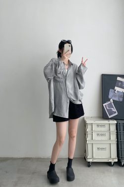 Elegant Women's Long Sleeve Tie-Dye Shirt in Sun Grapefruit with Lapel, Casual Loose Fit, Summer Sun-Protective Style