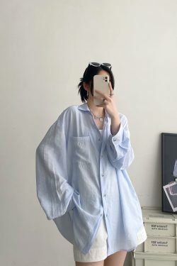 Elegant Women's Long Sleeve Tie-Dye Shirt in Sun Grapefruit with Lapel, Casual Loose Fit, Summer Sun-Protective Style