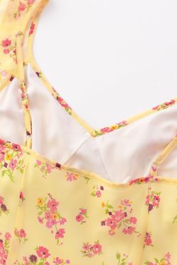 Elegant Yellow Floral Slip Dress for Women - 2025 Summer Style, Long Design for Chic 90s Vintage Vibes