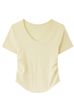 Elegant Yellow V-Neck Short Sleeve T-Shirt for Women with Waist Design and Pleats, Perfect for Casual 90s Inspired Looks
