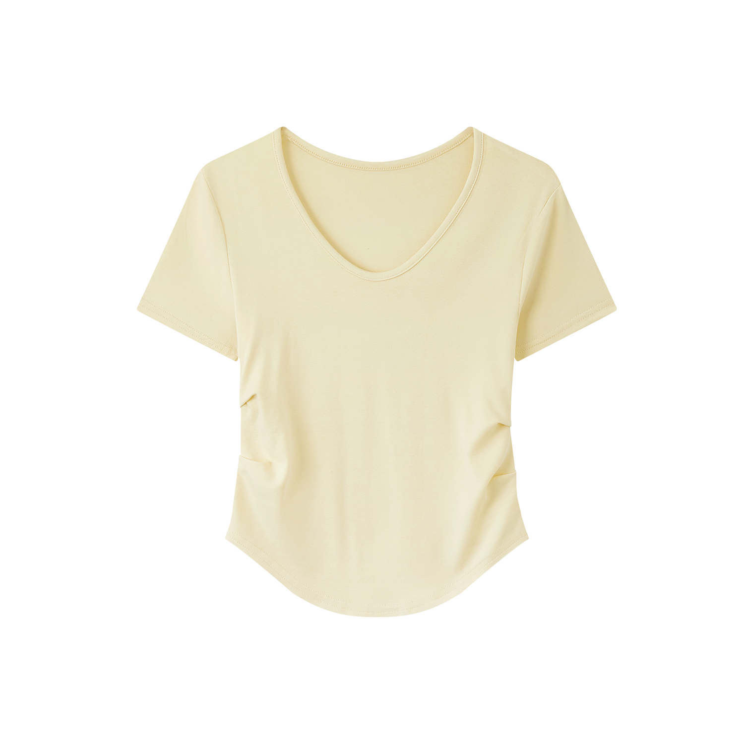 Elegant Yellow V-Neck Short Sleeve T-Shirt for Women with Waist Design and Pleats, Perfect for Casual 90s Inspired Looks Elegant Yellow V-Neck Short Sleeve T-Shirt for Women with Waist Design and Pleats, Perfect for Casual 90s Inspired Looks