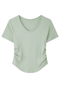 Elegant Yellow V-Neck Short Sleeve T-Shirt for Women with Waist Design and Pleats, Perfect for Casual 90s Inspired Looks