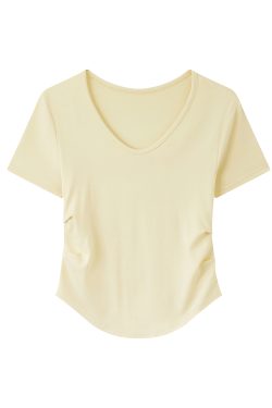 Elegant Yellow V-Neck Short Sleeve T-Shirt for Women with Waist Design and Pleats, Perfect for Casual 90s Inspired Looks