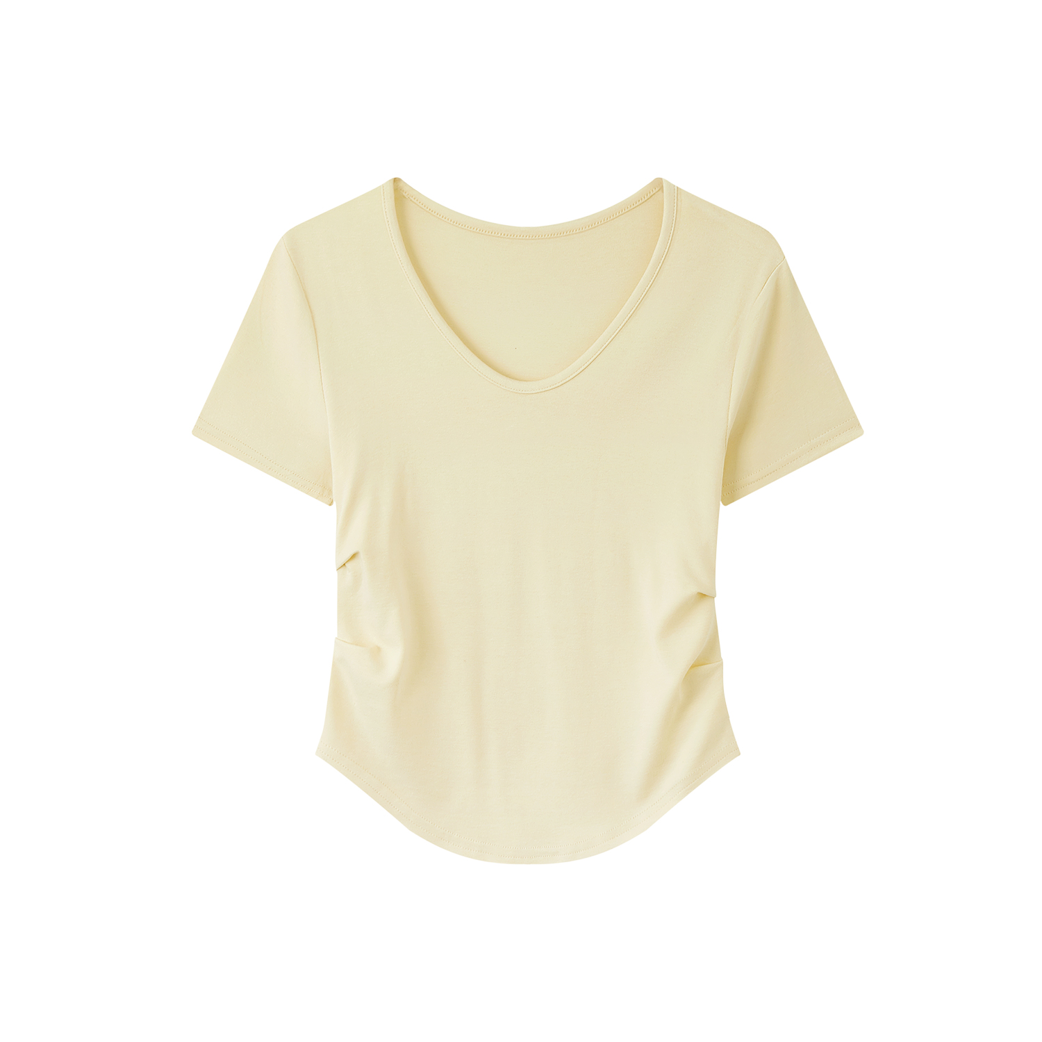 Elegant Yellow V-Neck Short Sleeve T-Shirt for Women with Waist Design and Pleats, Perfect for Casual 90s Inspired Looks Elegant Yellow V-Neck Short Sleeve T-Shirt for Women with Waist Design and Pleats, Perfect for Casual 90s Inspired Looks