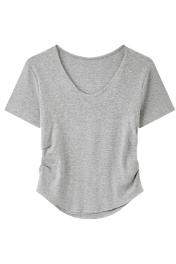 Elegant Yellow V-Neck Short Sleeve T-Shirt for Women with Waist Design and Pleats, Perfect for Casual 90s Inspired Looks