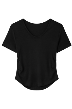 Elegant Yellow V-Neck Short Sleeve T-Shirt for Women with Waist Design and Pleats, Perfect for Casual 90s Inspired Looks