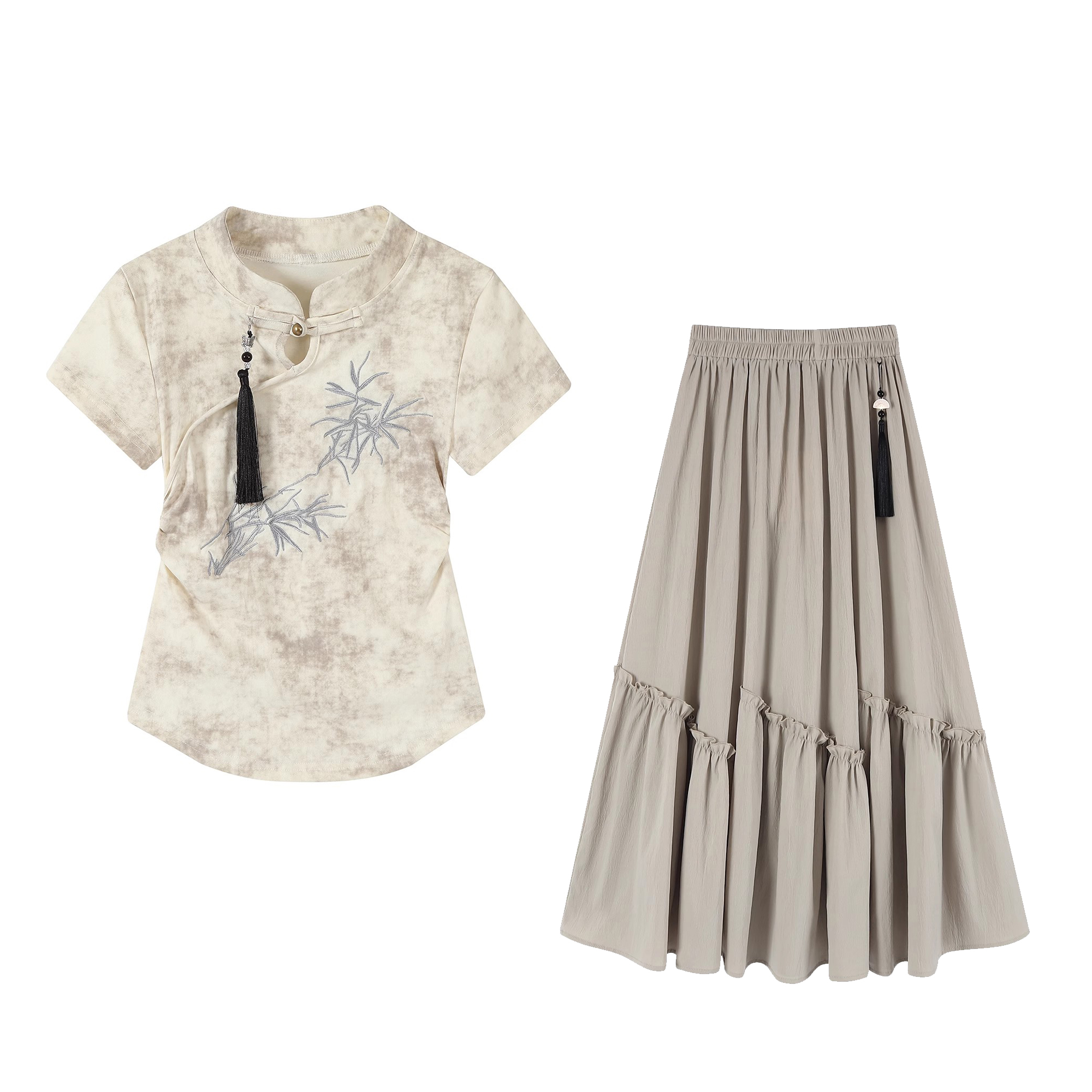 Elegant Zen-Inspired Two-Piece Dress Set for Women - Chinese Style, National Wind, Summer Outfit, Youthful Look Elegant Zen-Inspired Two-Piece Dress Set for Women - Chinese Style, National Wind, Summer Outfit, Youthful Look