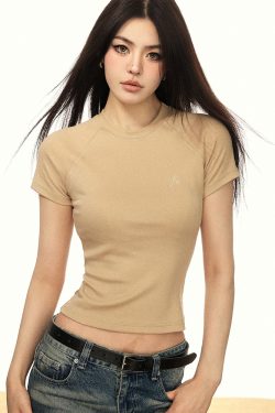 Embroidered American Letter Short Sleeve Cropped T-Shirt for Women, Slim Fit Summer 2025 Style, Trendy Y2K Fashion