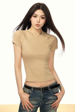 Embroidered American Letter Short Sleeve Cropped T-Shirt for Women, Slim Fit Summer 2025 Style, Trendy Y2K Fashion