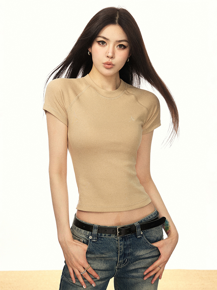 Embroidered American Letter Short Sleeve Cropped T-Shirt for Women, Slim Fit Summer 2025 Style, Trendy Y2K Fashion Embroidered American Letter Short Sleeve Cropped T-Shirt for Women, Slim Fit Summer 2025 Style, Trendy Y2K Fashion