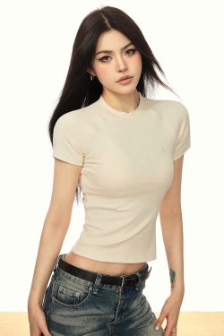 Embroidered American Letter Short Sleeve Cropped T-Shirt for Women, Slim Fit Summer 2025 Style, Trendy Y2K Fashion