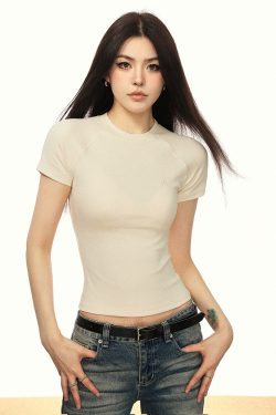 Embroidered American Letter Short Sleeve Cropped T-Shirt for Women, Slim Fit Summer 2025 Style, Trendy Y2K Fashion