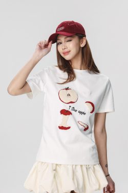 Embroidered Apple Short Sleeve T-Shirt for Women - Summer 2025 Beer Captain American Style Top