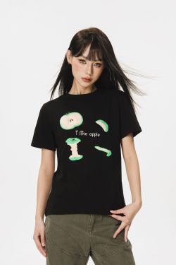 Embroidered Apple Short Sleeve T-Shirt for Women - Summer 2025 Beer Captain American Style Top