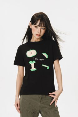 Embroidered Apple Short Sleeve T-Shirt for Women - Summer 2025 Beer Captain American Style Top