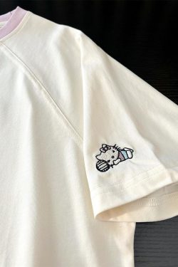 Embroidered Cartoon Color-Blocking Short-Sleeve T-Shirt for Women - Summer 2023 Trendy Cotton Top