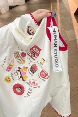Embroidered Cartoon Color-Blocking Short-Sleeve T-Shirt for Women - Summer 2023 Trendy Cotton Top