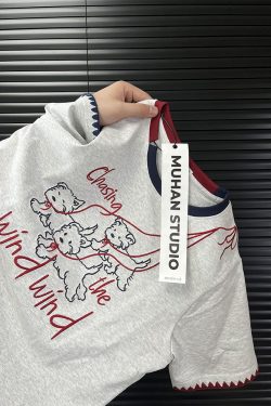 Embroidered Cartoon Color-Blocking Short-Sleeve T-Shirt for Women - Summer 2023 Trendy Cotton Top