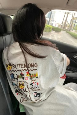 Embroidered Cartoon Heavyweight Cotton Short Sleeve T-Shirt for Women - Summer 2025 Y2K Gray Age-Reducing Top