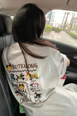 Embroidered Cartoon Heavyweight Cotton Short Sleeve T-Shirt for Women - Summer 2025 Y2K Gray Age-Reducing Top