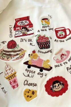 Embroidered Cartoon Milk Color Block Short Sleeve T-Shirt for Women - Trendy Apricot Patchwork Summer 2025 Style