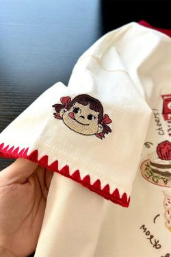 Embroidered Cartoon Milk Color Block Short Sleeve T-Shirt for Women - Trendy Apricot Patchwork Summer 2025 Style