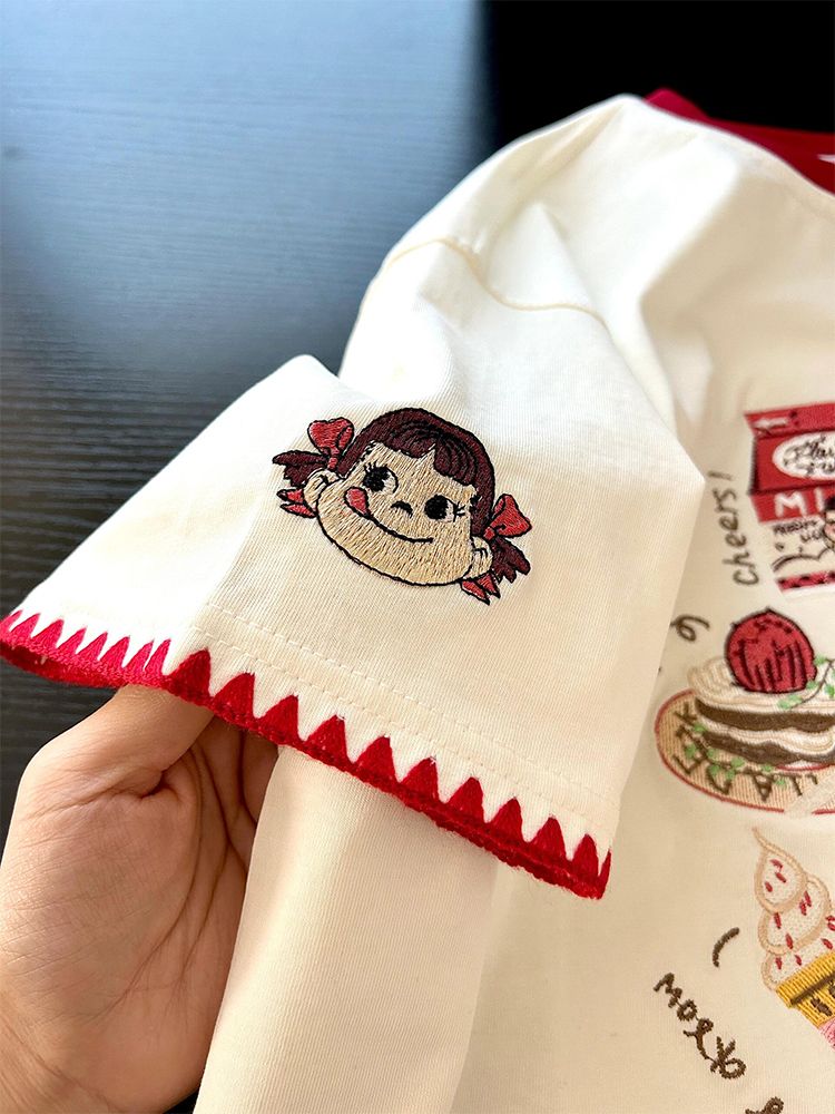 Embroidered Cartoon Milk Color Block Short Sleeve T-Shirt for Women - Trendy Apricot Patchwork Summer 2025 Style Embroidered Cartoon Milk Color Block Short Sleeve T-Shirt for Women - Trendy Apricot Patchwork Summer 2025 Style
