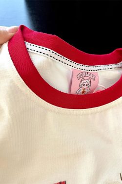 Embroidered Cartoon Milk Color Block Short Sleeve T-Shirt for Women - Trendy Apricot Patchwork Summer 2025 Style