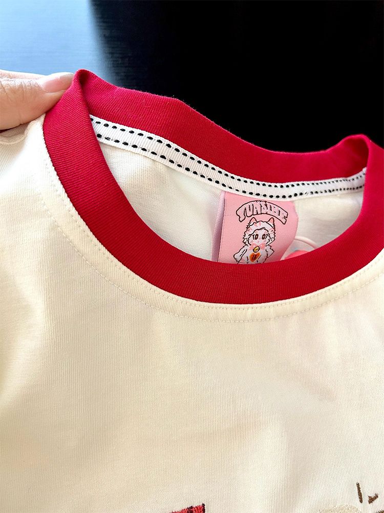 Embroidered Cartoon Milk Color Block Short Sleeve T-Shirt for Women - Trendy Apricot Patchwork Summer 2025 Style Embroidered Cartoon Milk Color Block Short Sleeve T-Shirt for Women - Trendy Apricot Patchwork Summer 2025 Style