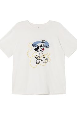 Embroidered Cartoon T-Shirt for Women, Short Sleeve Loose Slim Fit Top, 2025 Style, Cute Casual Wear for Petite Sizes