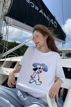 Embroidered Cartoon T-Shirt for Women, Short Sleeve Loose Slim Fit Top, 2025 Style, Cute Casual Wear for Petite Sizes