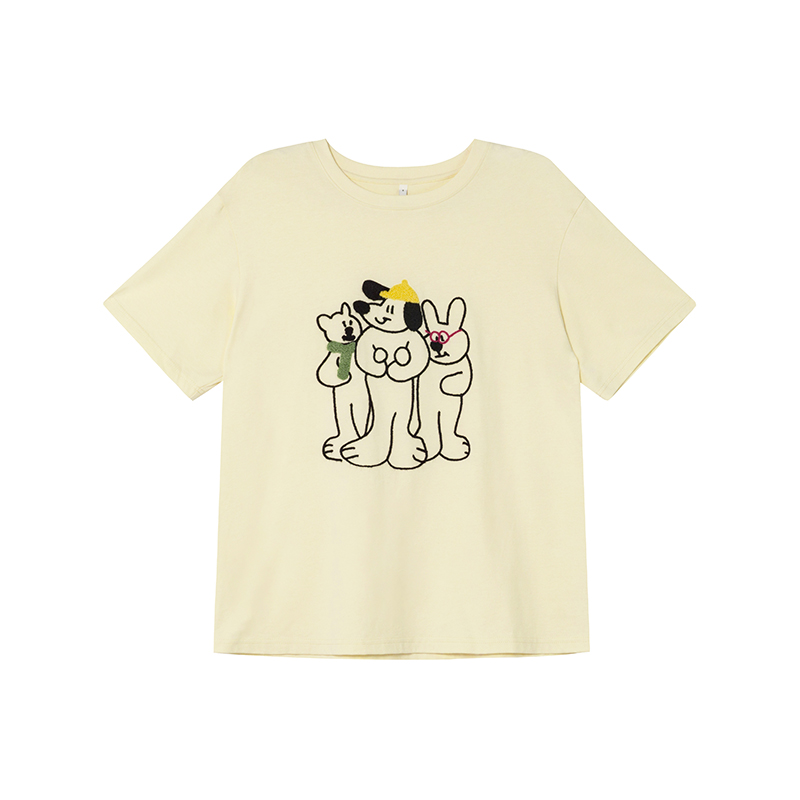Embroidered Cartoon T-Shirt for Women, Short Sleeve Loose Slim Fit Top, 2025 Style, Cute Casual Wear for Petite Sizes Embroidered Cartoon T-Shirt for Women, Short Sleeve Loose Slim Fit Top, 2025 Style, Cute Casual Wear for Petite Sizes