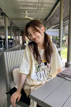 Embroidered Cartoon T-Shirt for Women, Short Sleeve Loose Slim Fit Top, 2025 Style, Cute Casual Wear for Petite Sizes