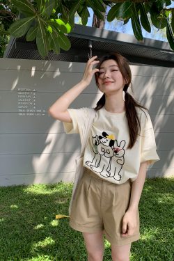 Embroidered Cartoon T-Shirt for Women, Short Sleeve Loose Slim Fit Top, 2025 Style, Cute Casual Wear for Petite Sizes