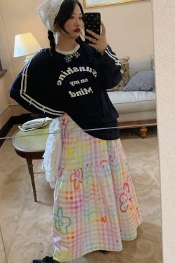 Embroidered Checkered Midi Skirt for Women - High-Waisted Plus Size, Spring 2025, Exquisite Long Skirt for Curvy Figures