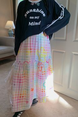 Embroidered Checkered Midi Skirt for Women - High-Waisted Plus Size, Spring 2025, Exquisite Long Skirt for Curvy Figures