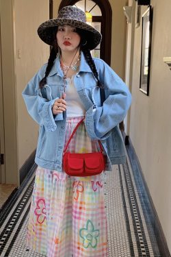 Embroidered Checkered Midi Skirt for Women - High-Waisted Plus Size, Spring 2025, Exquisite Long Skirt for Curvy Figures