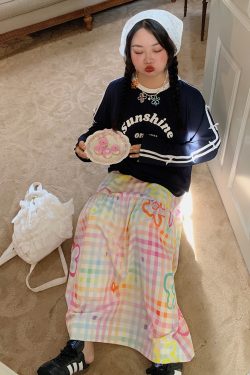 Embroidered Checkered Midi Skirt for Women - High-Waisted Plus Size, Spring 2025, Exquisite Long Skirt for Curvy Figures