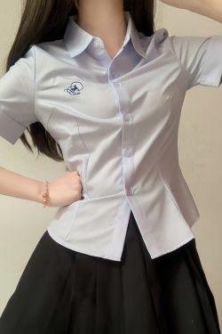 Embroidered College Style Short Sleeve Shirt - Slim Fit, Waist-Defining, Versatile White and Blue Top for Summer