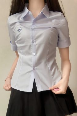 Embroidered College Style Short Sleeve Shirt - Slim Fit, Waist-Defining, Versatile White and Blue Top for Summer