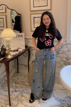 Embroidered Denim Wide-Leg Pants for Women, Plus Size, Flattering Slim Fit, Spring Summer 2025 Style, Trendy Casual Fashion