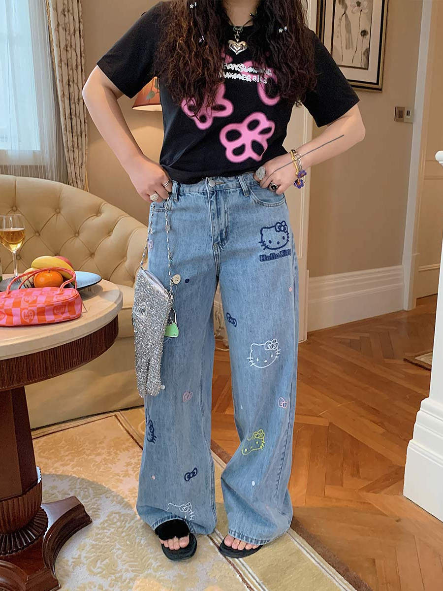 Embroidered Denim Wide-Leg Pants for Women, Plus Size, Flattering Slim Fit, Spring Summer 2025 Style, Trendy Casual Fashion Embroidered Denim Wide-Leg Pants for Women, Plus Size, Flattering Slim Fit, Spring Summer 2025 Style, Trendy Casual Fashion