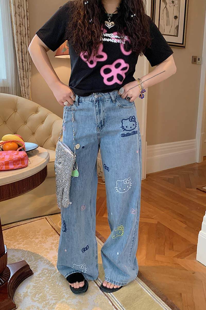 Embroidered Denim Wide-Leg Pants for Women, Plus Size, Flattering Slim Fit, Spring Summer 2025 Style, Trendy Casual Fashion Embroidered Denim Wide-Leg Pants for Women, Plus Size, Flattering Slim Fit, Spring Summer 2025 Style, Trendy Casual Fashion