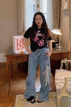 Embroidered Denim Wide-Leg Pants for Women, Plus Size, Flattering Slim Fit, Spring Summer 2025 Style, Trendy Casual Fashion