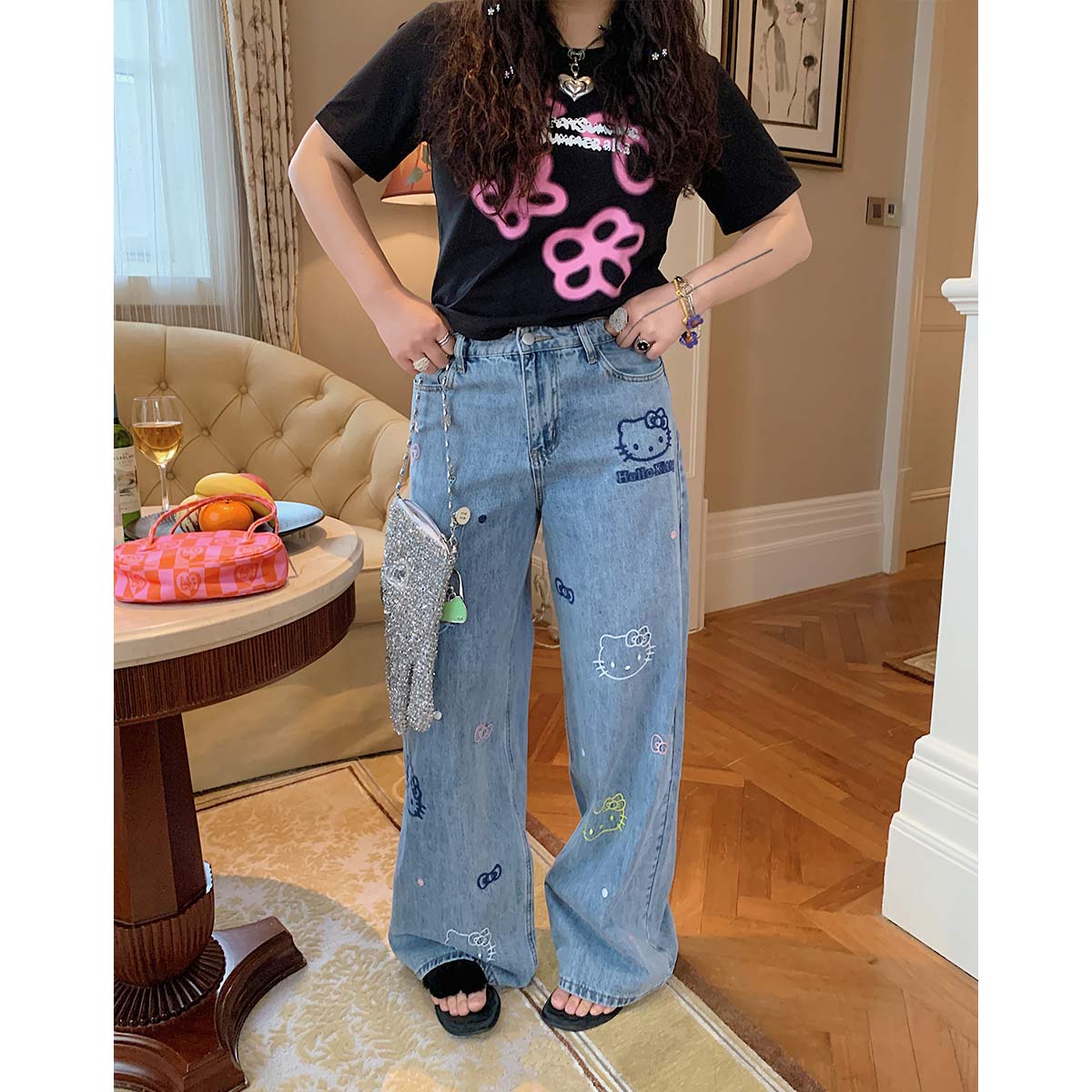 Embroidered Denim Wide-Leg Pants for Women, Plus Size, Flattering Slim Fit, Spring Summer 2025 Style, Trendy Casual Fashion Embroidered Denim Wide-Leg Pants for Women, Plus Size, Flattering Slim Fit, Spring Summer 2025 Style, Trendy Casual Fashion