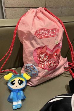 Embroidered Drawstring Backpack - Flying Girl Powerpuff Girls Naixue Style, Large Capacity, Trendy Commuter Bag, 2025 Fashion