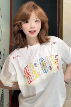 Embroidered Ethnic Style Letter Short Sleeve T-Shirt for Women - Summer 2023 Heavyweight Pure Cotton Casual Top